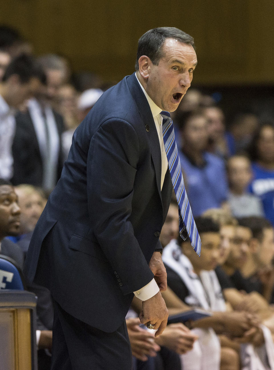 FILE - In this March 3, 2018, file photo, Duke head coach Mike Krzyzewski shouts towards the floor during the first half of an NCAA college basketball game against North Carolina, in Durham, N.C. Duke is ranked fourth in The Associated Press Top 25 preseason poll released Monday, Oct. 22, 2018. (AP Photo/Ben McKeown, File)