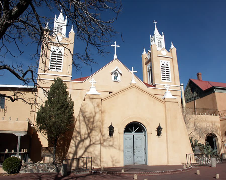 San Felipe Church on Old Town plaza, Albuquerque, New Mexico, USA.