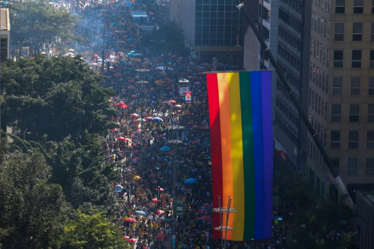 Vista aérea del 28.º Desfile del Orgullo Gay en Sao Paulo, Brasil, tomada el 2 de junio de 2024. (Miguel SCHINCARIOL)