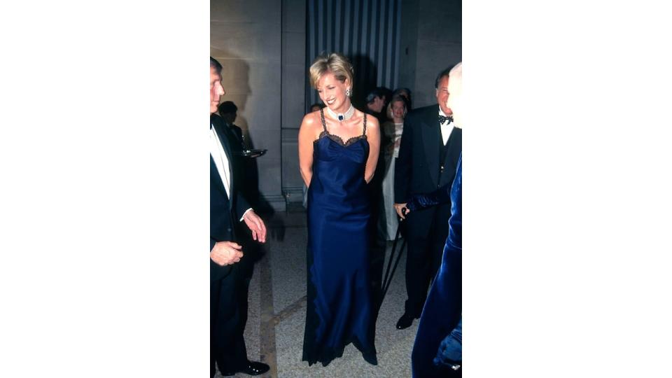 Princess Diana attends Met Gala at Metropolitan Museum of Art on January 1, 1995 in New York City wearing a slip dress