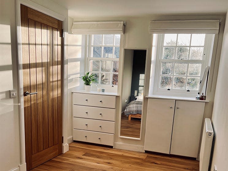 Dunnett's bedroom is located on the first floor, facing the two windows at the front of the house.