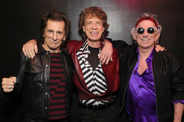 <p>Kevin Mazur/Getty</p> Ronnie Wood, Mick Jagger and Keith Richards on Oct. 19, 2023.