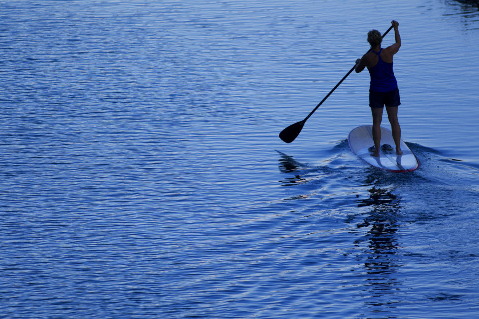 A file pic of a stand up paddle boarder at dawn. A paddle boarder has been bitten on the wrist at Pelican Waters, Sunshine Coast on Tuesday morning. He may have been bitten by a shark.