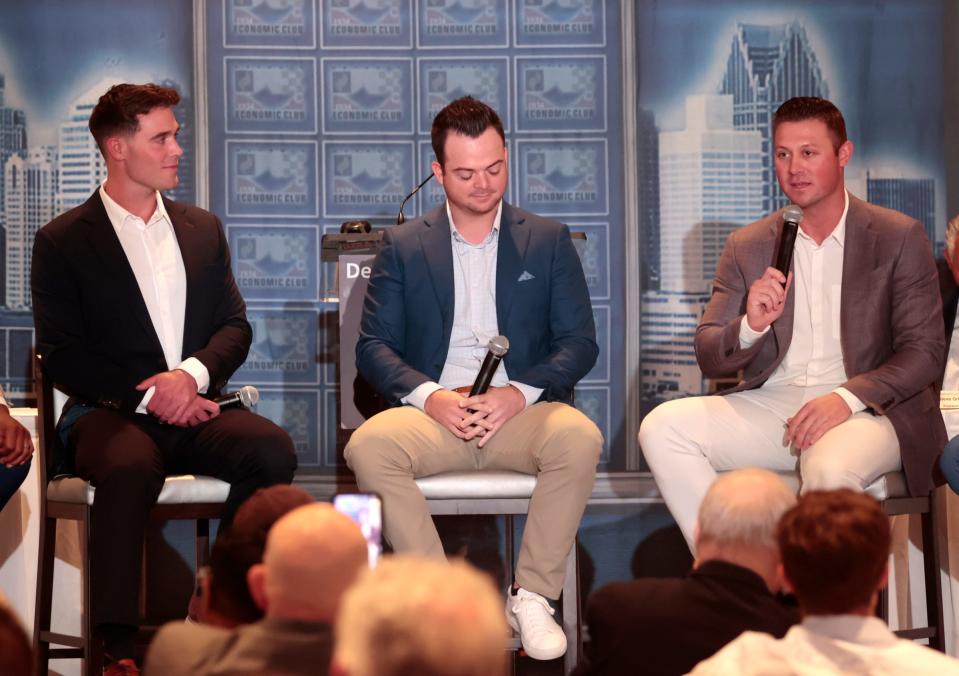 (From left) Tigers Kerry outfielder Kerry Carpenter and catcher Jake Rogers listen to teammate Spencer Torkelson answer questions during the Detroit Economic Club luncheon at the MotorCity Casino Hotel in Detroit on Tuesday, June 13, 2023.