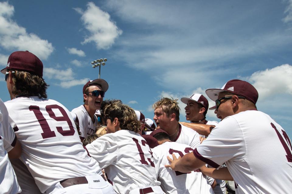 London celebrates winning the Region IV-3A final series against Santa Gertrudis Academy at Calallen High School on Saturday, June 3, 2023, in Corpus Christi, Texas.