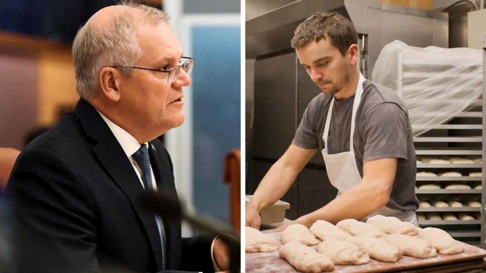 PM Scott Morrison and young man baking bread.