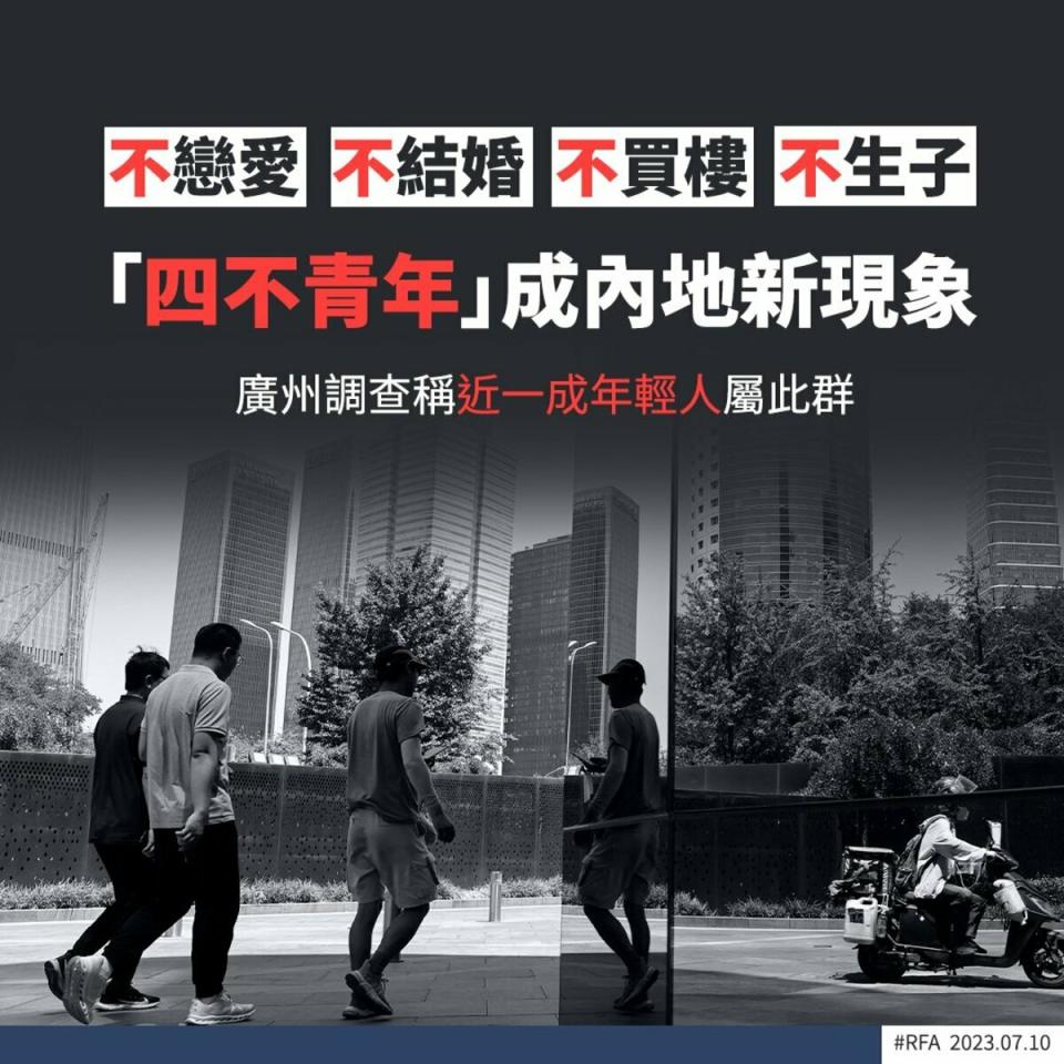 中國近日興起「四不青年」，因疫情影響經濟，導致許多青年選擇「不戀愛、不結婚、不買樓、不生子」。   圖：翻攝自Twitter @YingJie22739040