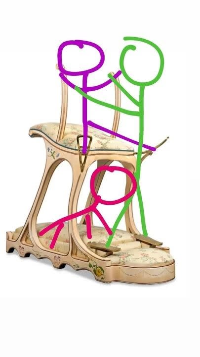 Three stick figures on an ornate vintage-style chair: two standing on top and one sitting below