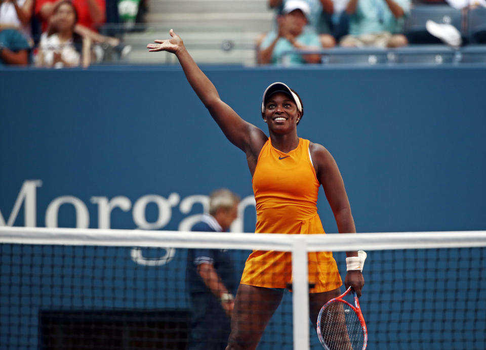 Sloane Stephens waves after defeating Anhelina Kalinina, of the Ukraine, during the second round of the U.S. Open tennis tournament, Wednesday, Aug. 29, 2018, in New York. (AP Photo/Andres Kudacki)