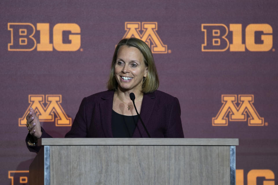 Minnesota head coach Dawn Plitzuweit speaks during Big Ten NCAA college basketball Media Days Monday, Oct. 9, 2023, in Minneapolis. (AP Photo/Abbie Parr)