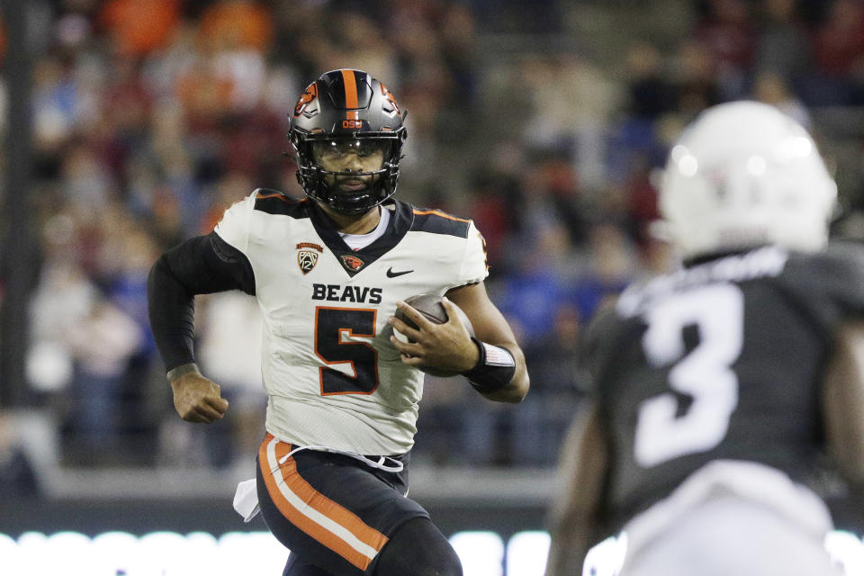 Oregon State quarterback DJ Uiagalelei (5) carries the ball during the second half of an NCAA college football game against Washington State, Saturday, Sept. 23, 2023, in Pullman, Wash. Washington State won 38-35. (AP Photo/Young Kwak)