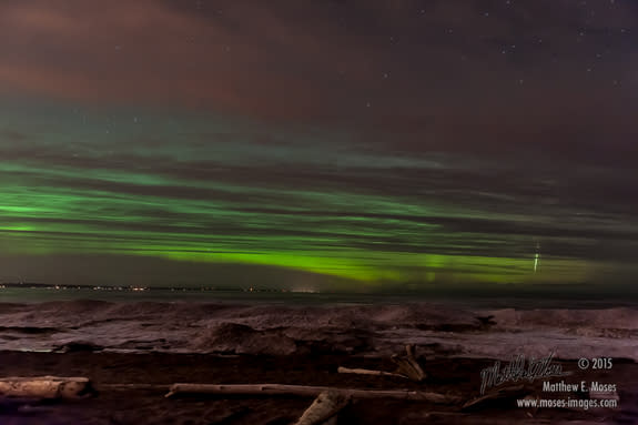 Astrophotographer Matthew Moses sent in a photo of an aurora taken from the shore of Lake Superior on Wisconsin Point, just outside Superior, Wisconsin, on March 17, 2015.