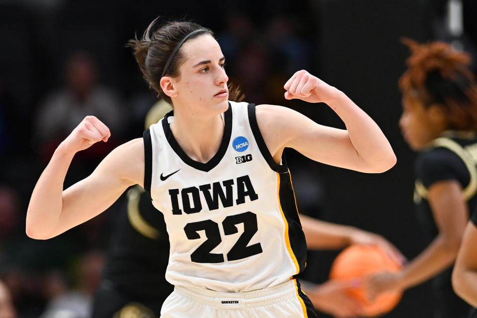 Iowa's Caitlin Clark reacts during the Sweet 16 round of the NCAA women's tournament at Climate Pledge Arena in Seattle on March 24, 2023. (Alika Jenner/Getty Images)