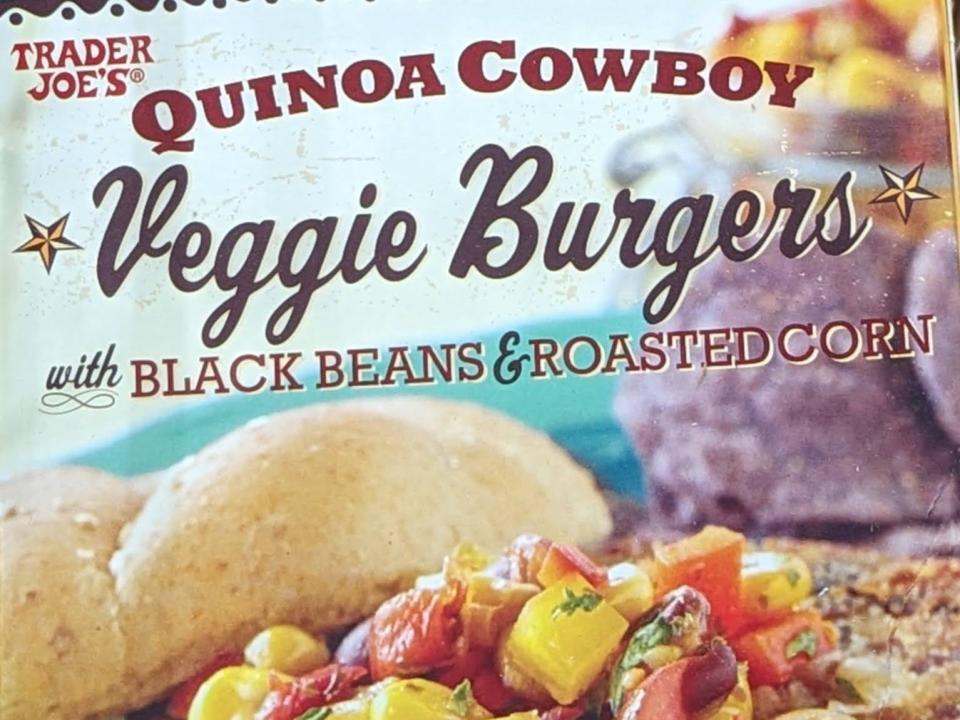 A box of Trader Joe's quinoa cowboy veggie burgers with black beans and roasted corn.