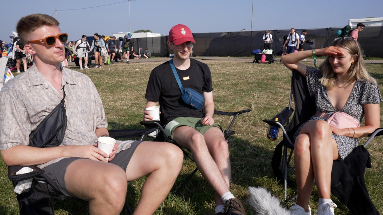 Ollie Howarth, Owen Ellis and Beth Albuery who were among the first through Glastonbury's gates in 2024