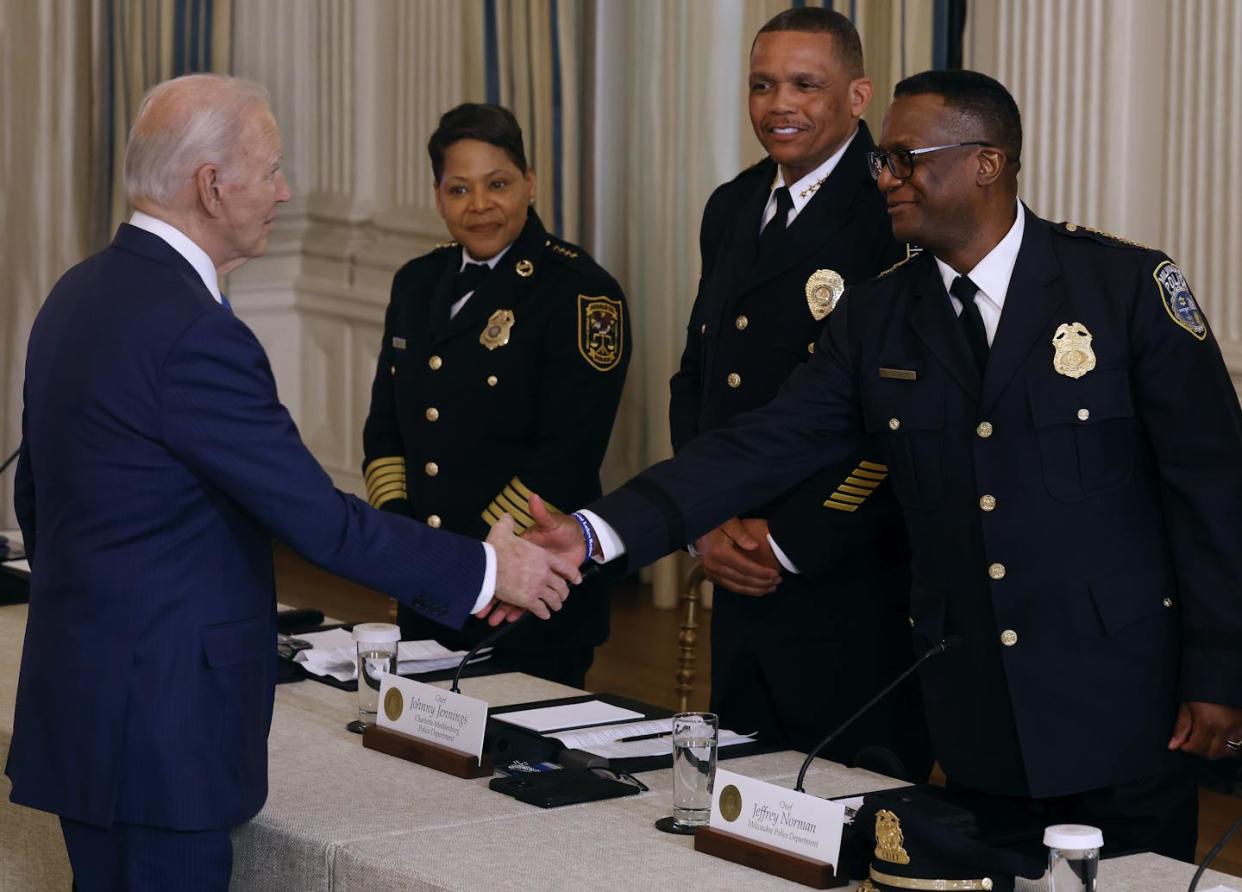 President Joe Biden greets police chiefs from across the country at the White House on Feb. 28, 2024. <a href="https://www.gettyimages.com/detail/news-photo/president-joe-biden-greets-dekalb-county-georgia-police-news-photo/2046148298?adppopup=true" rel="nofollow noopener" target="_blank" data-ylk="slk:Chip Somodevilla/Getty Image;elm:context_link;itc:0;sec:content-canvas" class="link ">Chip Somodevilla/Getty Image</a>