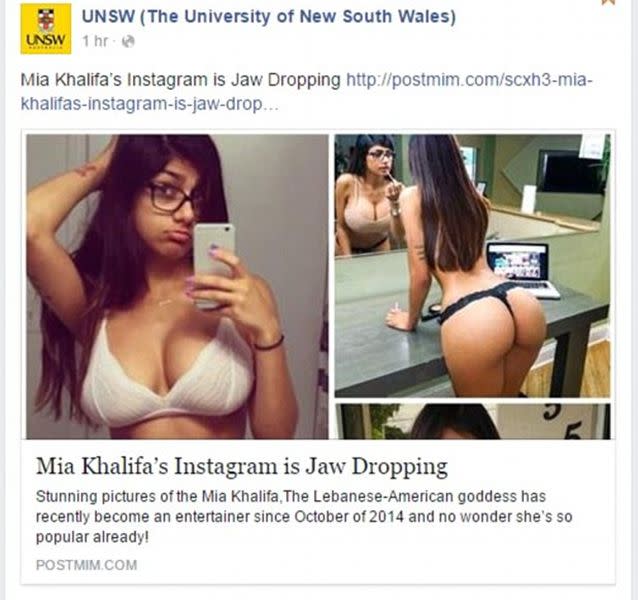 A link to a gallery of photos of porn stat Mia Khalifa was posted on the page. Source: UNSW Facebook Page.