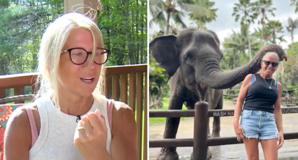 A photo of US tourist tearfully explaining how her arm was injured by an elephant in Bali. Another photo of the woman posing with the elephant.