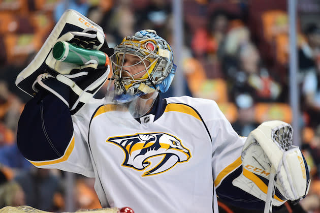ANAHEIM, CA – MAY 12: Goaltender Pekka Rinne #35 of the Nashville Predators takes a drink from his water bottle during a break in play of Game One of the Western Conference Final during the 2017 Stanley Cup Playoffs at Honda Center on May 12, 2017 in Anaheim, California. The Predators defeated the Ducks 3-2 in overtime. (Photo by Harry How/Getty Images)