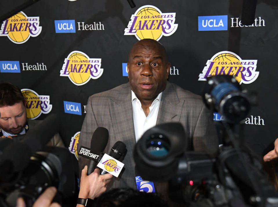 Magic Johnson abruptly announced his resignation to the media before informing the Los Angeles Lakers brass. (Getty Images) 