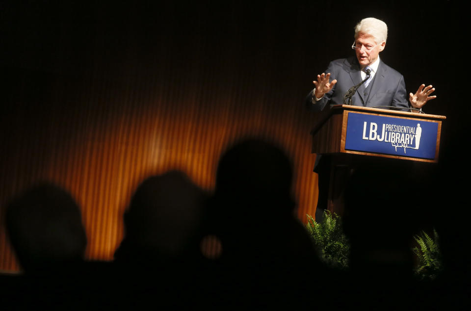 Former President Bill Clinton speaks during the Civil Rights Summit on Wednesday, April 9, 2014, in Austin, Texas. Clinton used the 50th anniversary of the Civil Rights Act to criticize efforts in several states to restrict voting, saying they threaten to roll back half a century of progress. (AP Photo/Jack Plunkett)