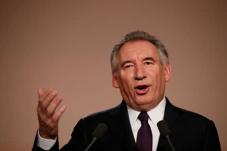 Francois Bayrou, French centrist politician and the leader of the Democratic Movement (MoDem), gestures as he speaks a news conference at his party's headquarters in Paris, France, February 22, 2017. REUTERS/Gonzalo Fuentes