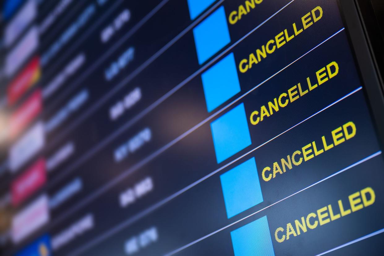 Airport lockdown, Flights canceled on information time table board in the airport while coronavirus outbreak pandemic issued around the world