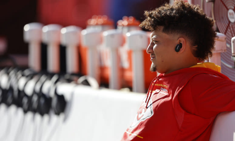 Chiefs quarterback Patrick Mahomes on the sideline.