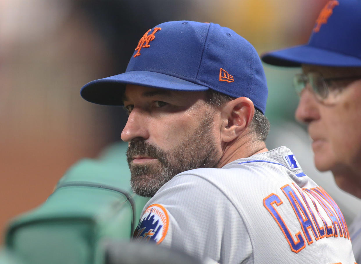 Aug 2, 2019; Pittsburgh, PA, USA;  New York Mets manager Mickey Callaway (36) looks on from the dugout against the Pittsburgh Pirates during the fifth inning at PNC Park. Mandatory Credit: Charles LeClaire-USA TODAY Sports