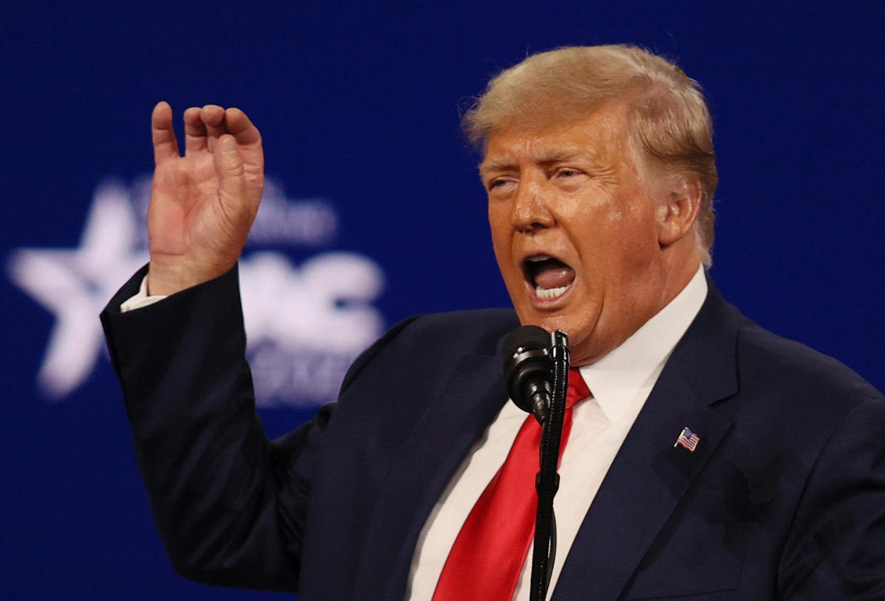 Former President Donald Trump addresses the Conservative Political Action Conference on Feb. 28 in in Orlando, Florida, where he told supporters to give money to his Save America PAC rather than to GOP committees. (Photo: Joe Raedle via Getty Images)