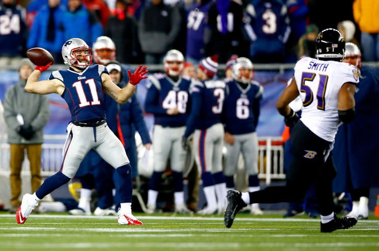 Julian Edelman throwing his only NFL pass, which was a touchdown (Getty Images)