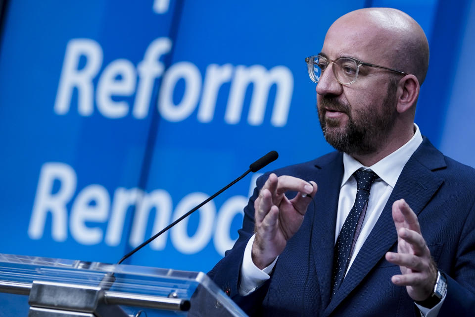 European Council President Charles Michel speaks during a media conference at the European Council building in Brussels, Friday, July 10, 2020. European Council President Charles Michel presented updated proposals for the EU's long-term budget and post-coronavirus recovery plan ahead of a summit next week in Brussels where heads of state and government leaders will try to agree on a compromise. (Kenzo Tribouillard, Pool Photo via AP)