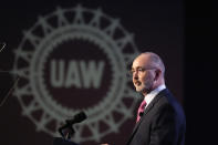 Shawn Fain, President of the United Auto Workers, speaks prior to President Joe Biden speaking to a United Auto Workers' political convention, Wednesday, Jan. 24, 2024, in Washington. (AP Photo/Alex Brandon)