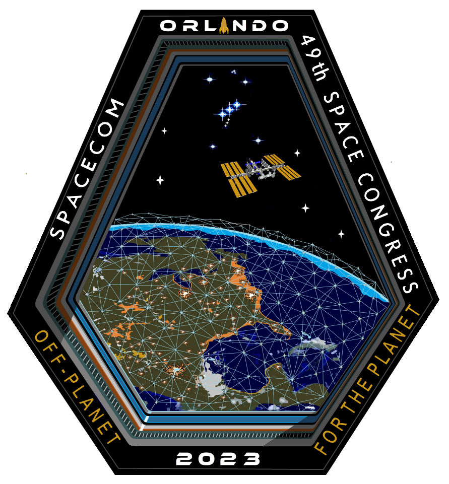 a mission patch showing a spaceship above the earth