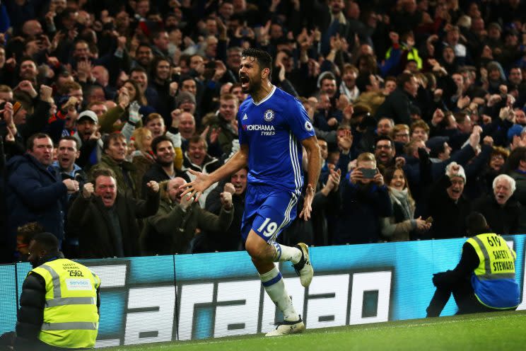LONDON, ENGLAND - DECEMBER 31: Diego Costa of Chelsea celebrates scoring his team's fourth goal during the Premier League match between Chelsea and Stoke City at Stamford Bridge on December 31, 2016 in London, England. (Photo by Steve Bardens/Getty Images)