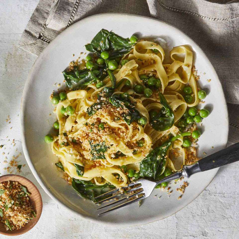 <p>Fresh pasta cooks up faster than dried, making it a must-have for fast weeknight dinners like this luscious yet healthy meal. Eggs are the base of the creamy sauce. They don't get fully cooked, so use pasteurized-in-the-shell eggs if you prefer. <a href="https://www.eatingwell.com/recipe/269786/easy-pea-spinach-carbonara/" rel="nofollow noopener" target="_blank" data-ylk="slk:View Recipe;elm:context_link;itc:0;sec:content-canvas" class="link ">View Recipe</a></p>