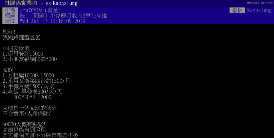 有網友發問夫妻月收入共6萬，1家3口若在高雄租房還過得去嗎？沒想到不少鄉民都表示「有點硬」，甚至有位爸爸以親身經驗列出整個月低消，字字無奈讓不少人都感到鼻酸。（圖片翻攝PTT）