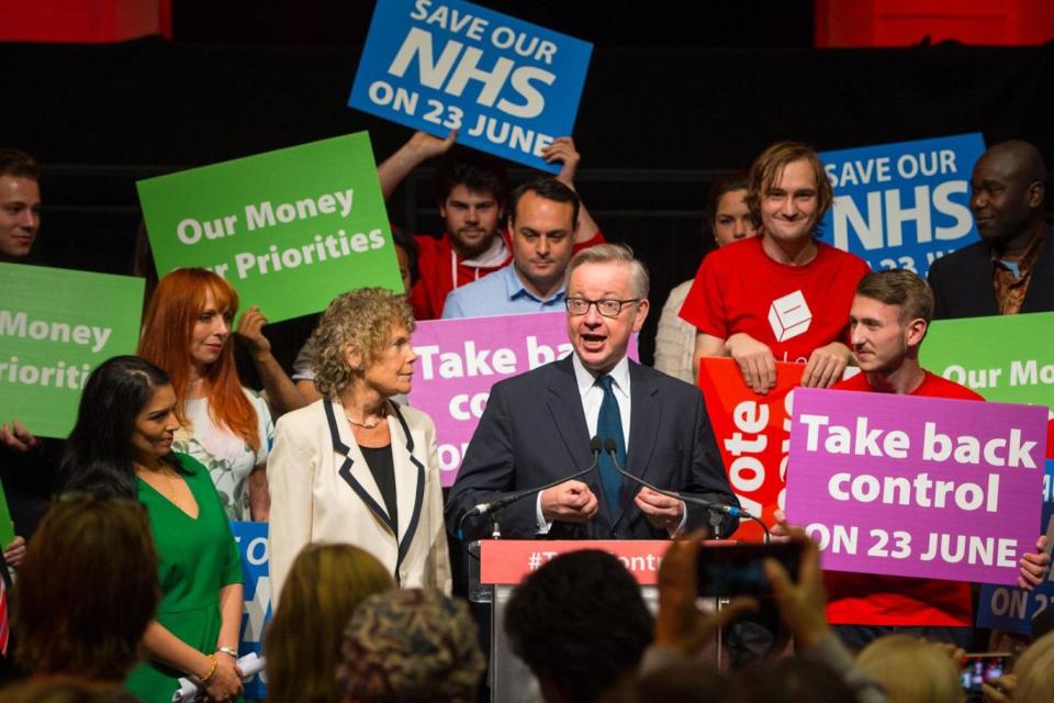 The Vauxhall MP with pro-Brexit Conservative Michael Gove at a campaign rally (Dominic Lipinski/PA)