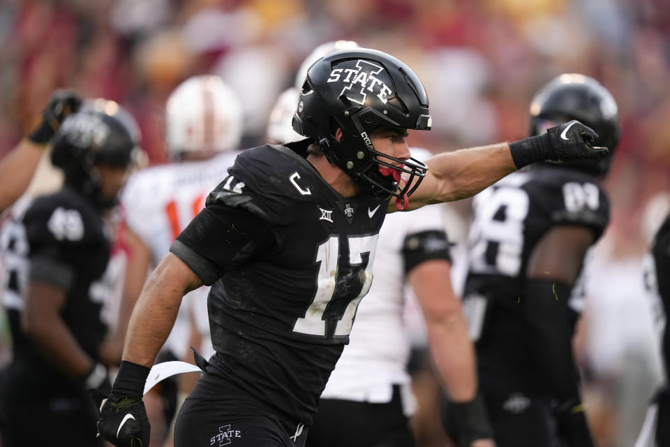 Iowa State defensive back Beau Freyler (17) celebrates after making a tackle during the second half of an NCAA college football game against Oklahoma State, Saturday, Sept. 23, 2023, in Ames, Iowa. Iowa State won 34-27. (AP Photo/Charlie Neibergall)