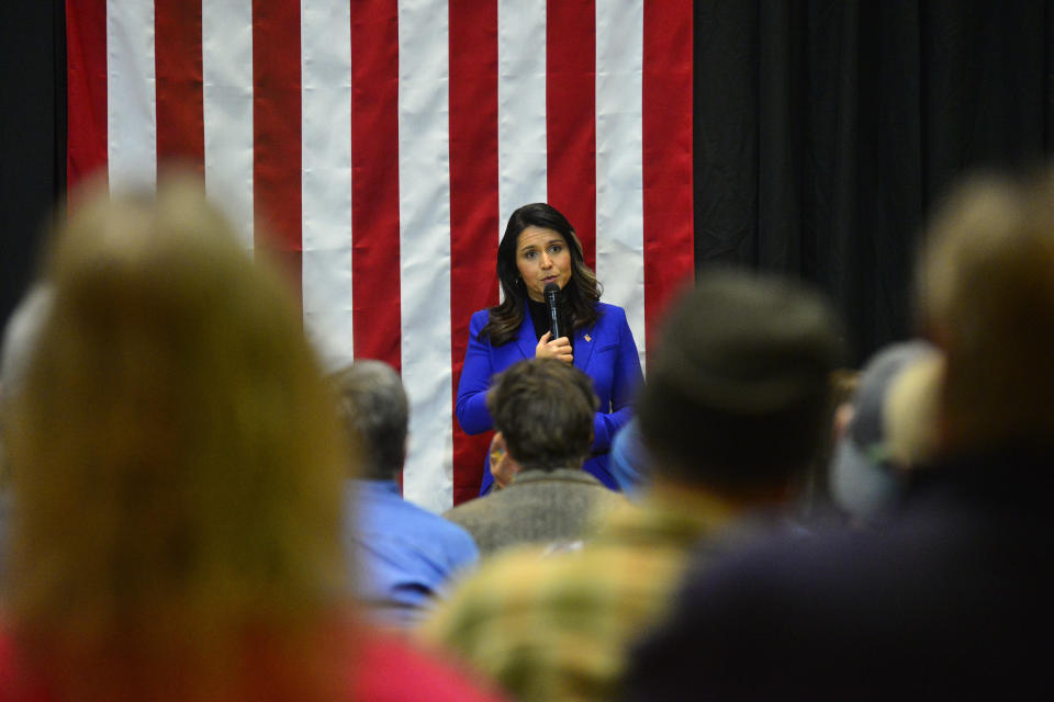 Democratic presidential candidate Rep. Tulsi Gabbard, D-Hawaii, holds a town hall at Keene State College, in Keene, N.H., on Wednesday, Feb. 5, 2020. (Kristopher Radder/Brattleboro Reformer via AP)