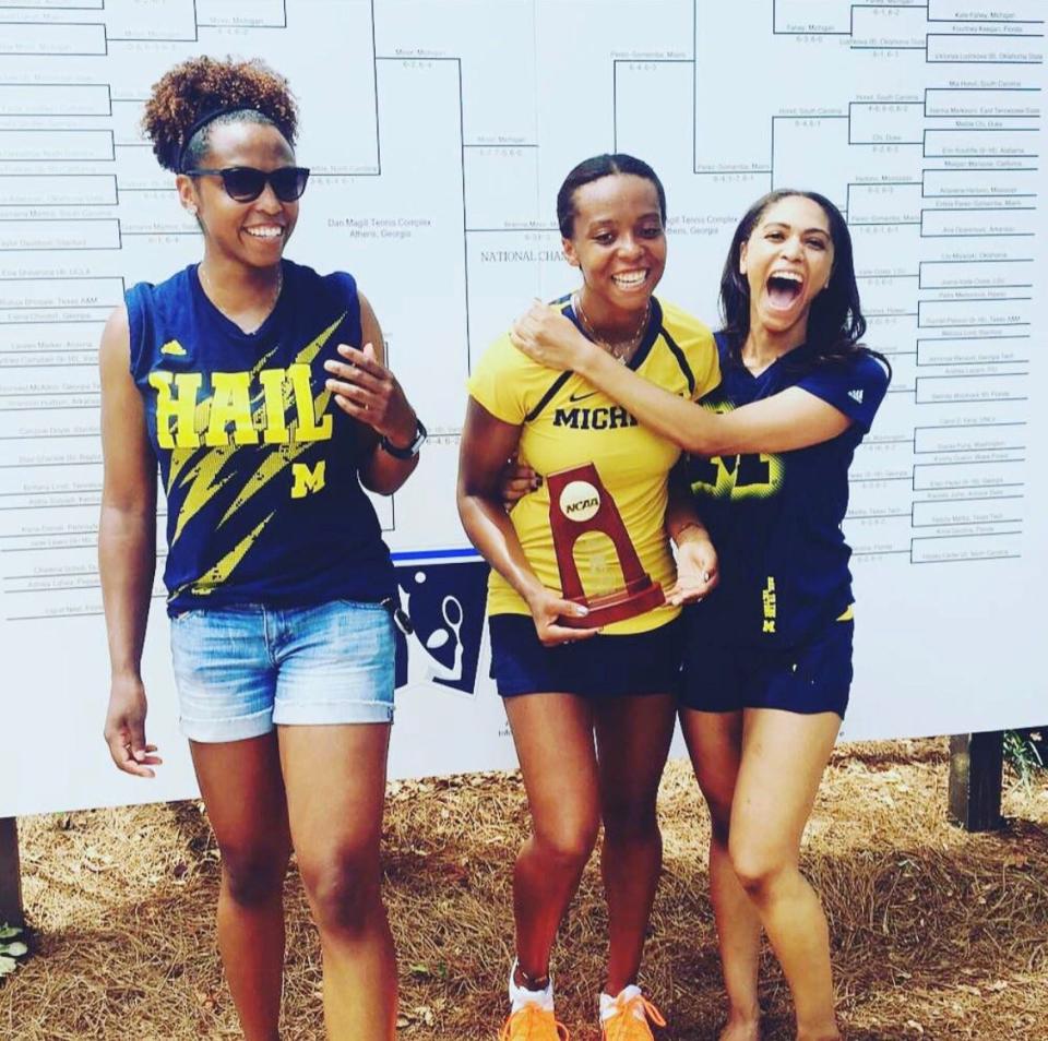 Kristina, Brienne and Jasmine Minor celebrate Brienne's NCAA tennis victory