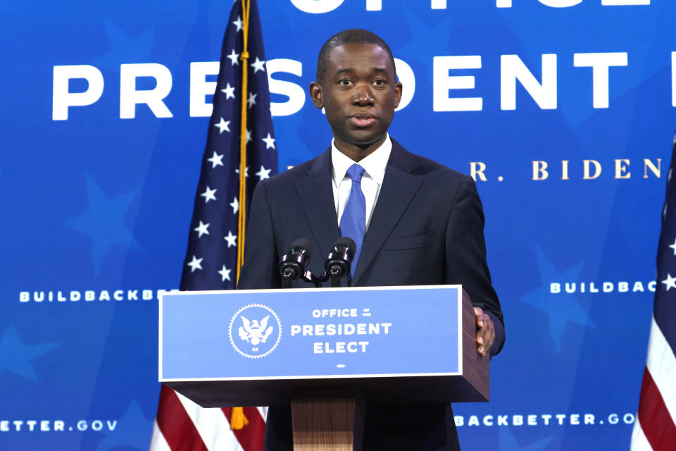 U.S. Deputy Secretary of the Treasury nominee Wally Adeyemo speaks during an event to name President Biden economic team at the Queen Theater on December 1, 2020 in Wilmington, Delaware. / Credit: Getty Images