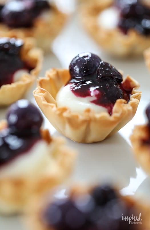 <p>Inspired by Charm</p><p>Made with store-bought phyllo pastry shells, these Mini Blueberry Cheesecakes will quickly become your new go-to entertaining dessert. They are simple to put together and look like a professional baker created them. Best of all, they’re delicious!</p><p><strong>Get the recipe: <a href="https://inspiredbycharm.com/mini-blueberry-cheesecakes/" rel="nofollow noopener" target="_blank" data-ylk="slk:Mini Blueberry Cheesecakes;elm:context_link;itc:0;sec:content-canvas" class="link rapid-noclick-resp"><em>Mini Blueberry Cheesecakes</em></a></strong></p>