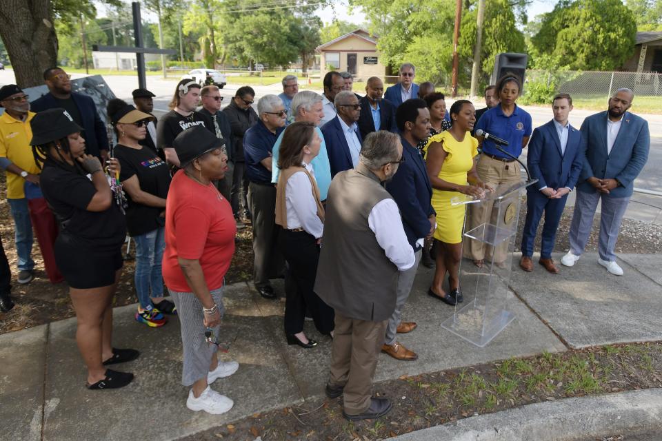 Florida House member Angie Nixon addresses the audience from the podium during Monday afternoon's press conference. Members of Jacksonville's City Council along with faith and community leaders gathered a short distance down Kings Road from the location of last years Dollar General mass shooting to announce new city anti-hate legislation that would significantly increase the penalties for hate crimes Monday, April 22, 2024. [Bob Self/Florida Times-Union]