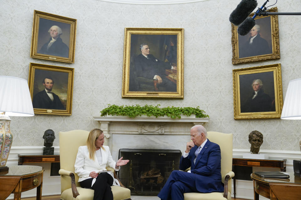 President Joe Biden meets with Italian Prime Minister Giorgia Meloni in the Oval Office of the White House, Thursday, July 27, 2023, in Washington. (AP Photo/Evan Vucci)