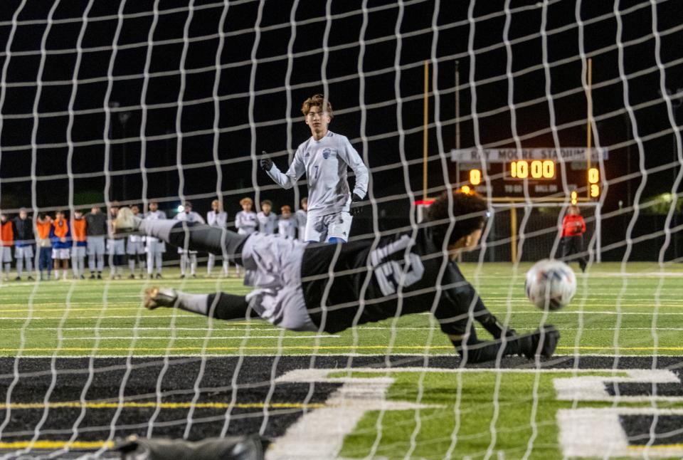 Victor Valley goalkeeper Emmanuel Lopez blocked a penalty kick during the shootout against Temescal Canyon on Wednesday, Feb. 15, 2023.