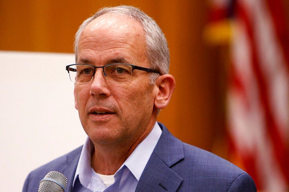 Rapid City Mayor Steve Allender listens to a question during a weekly news conference on April 15.