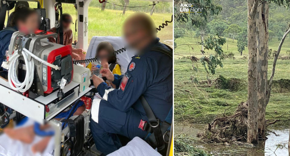 A girl and her father are assisted by paramedics on a helicopter.