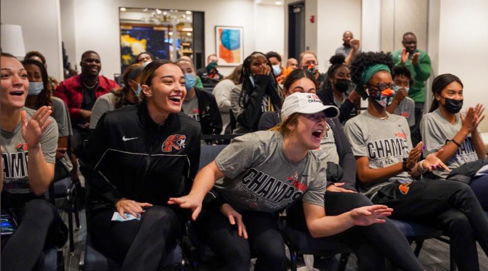 FAMU volleyball players react to hearing the Rattlers will travel to Gainesville to face Florida in the NCAA tournament during a watch party at the Hyatt House on Sunday, Nov. 28, 2021.