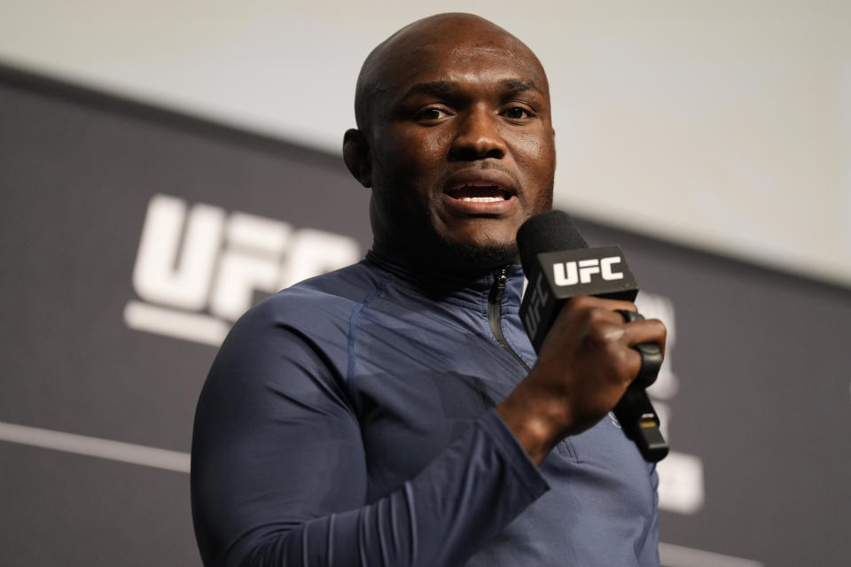 LAS VEGAS, NEVADA - MARCH 04: UFC welterweight champion Kamaru Usman interacts with fans during a Q&A session prior to the UFC 272 ceremonial weigh-in at UFC T-Mobile Arena on March 04, 2022 in Las Vegas, Nevada. (Photo by Chris Unger/Zuffa LLC)